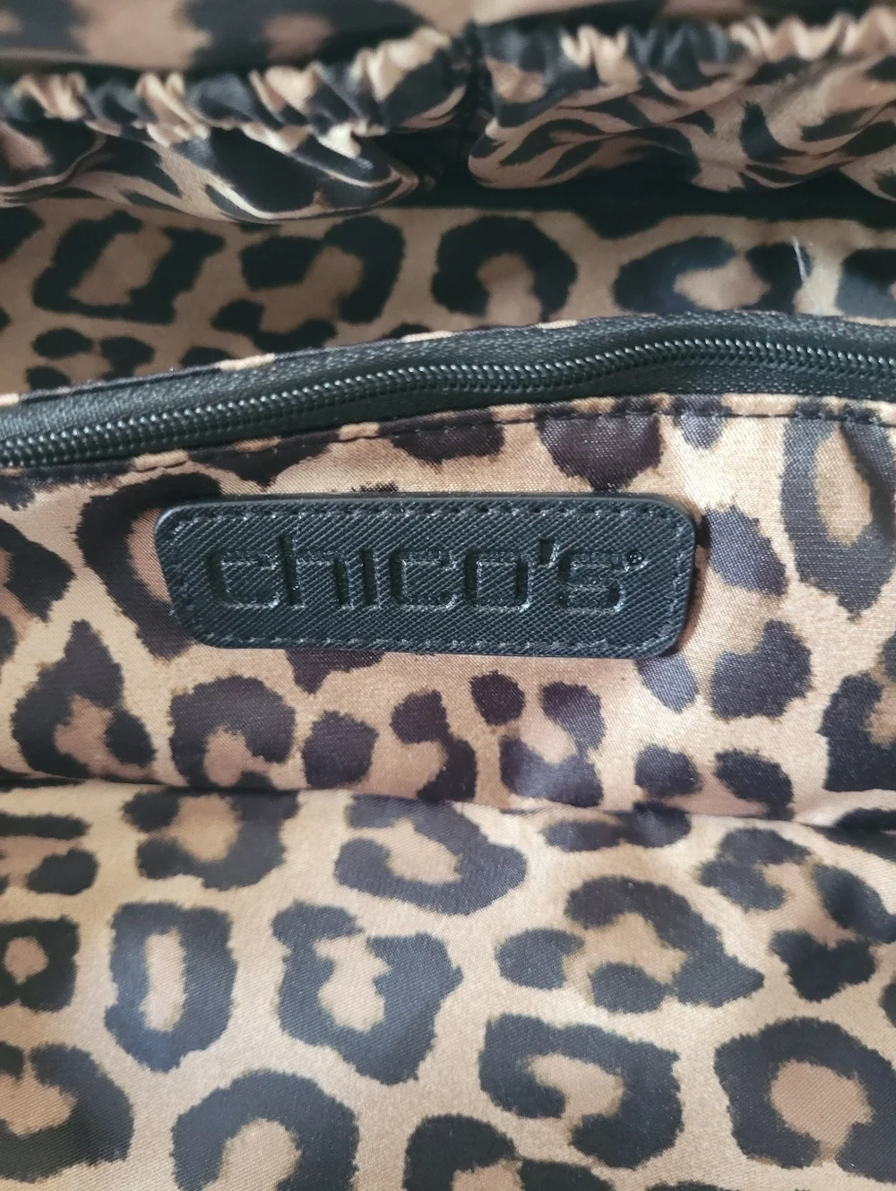 CHICOs Women's Black Leather Travel Dopp Kit with Gold Hardware And Leopard Line
